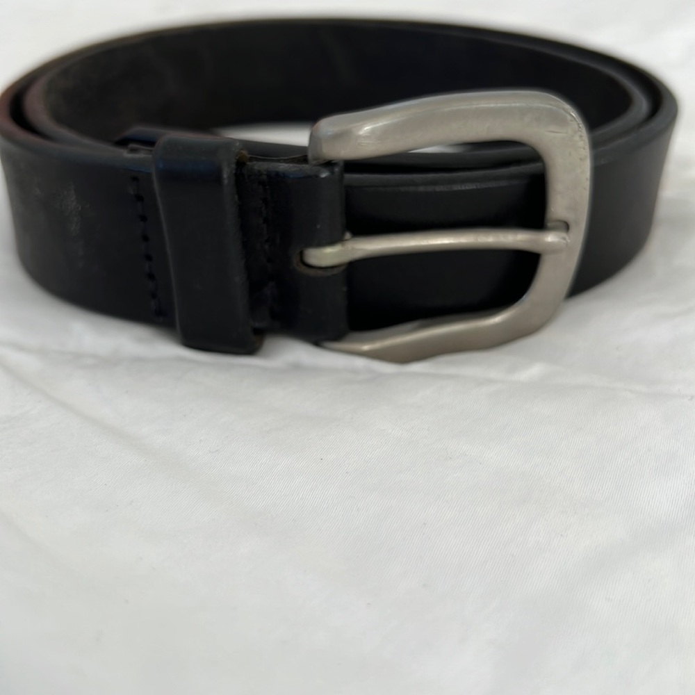 Black leather belt fits 31 inch waist silver distressed buckle